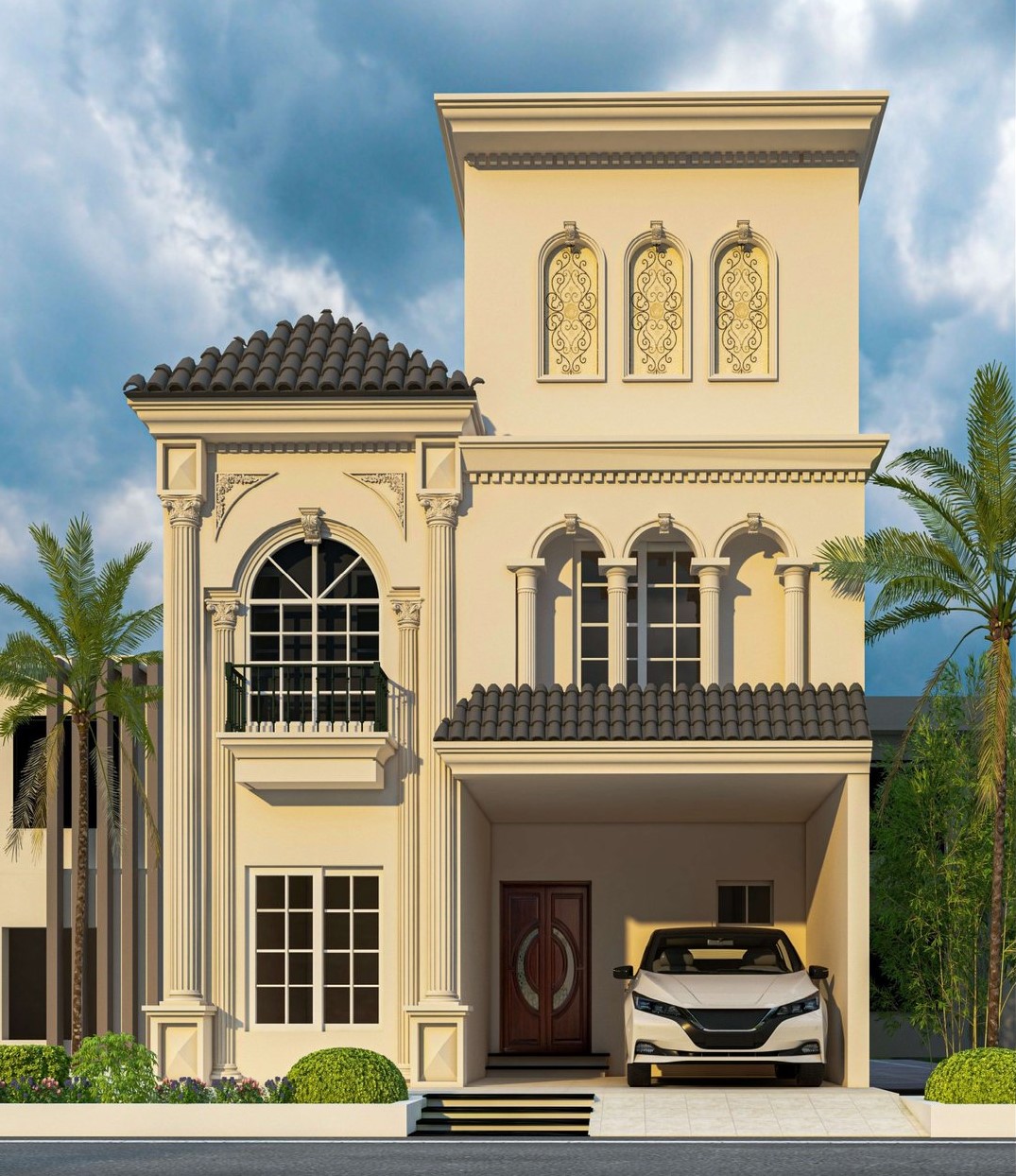 3D front elevation of 3 Marla modern house design