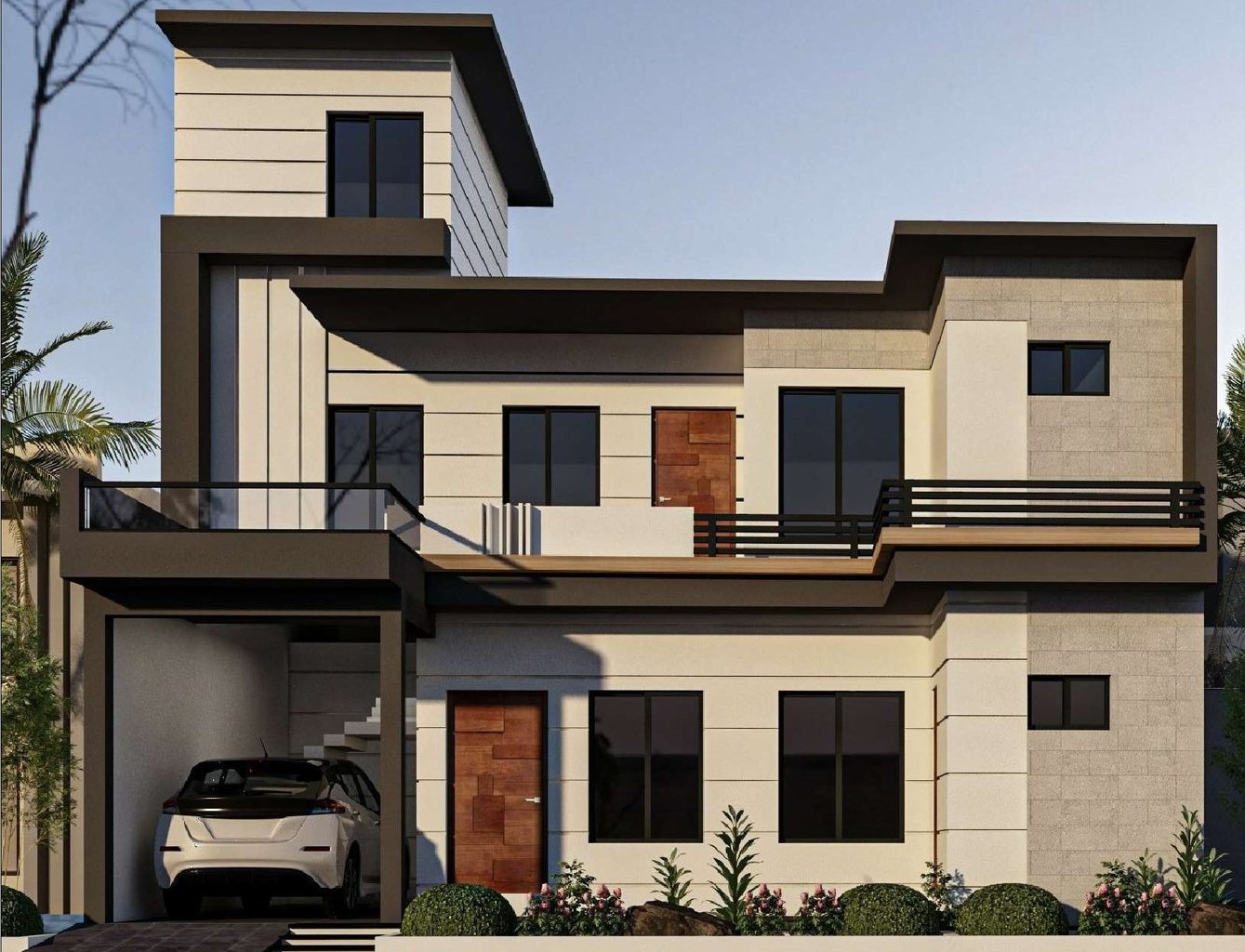3D front elevation of 5 Marla modern house design