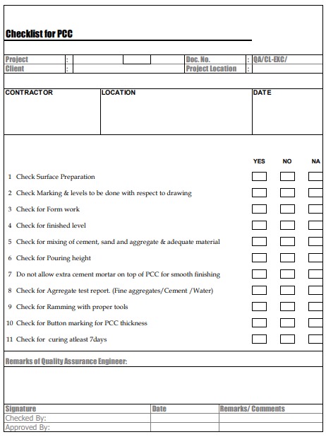 Checklist for PCC (Plain Cement Concrete) | QA/QC & Site Inspection Guide