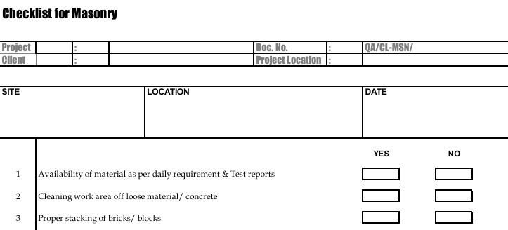 masonry work inspection checklist for QA.QC Engineer