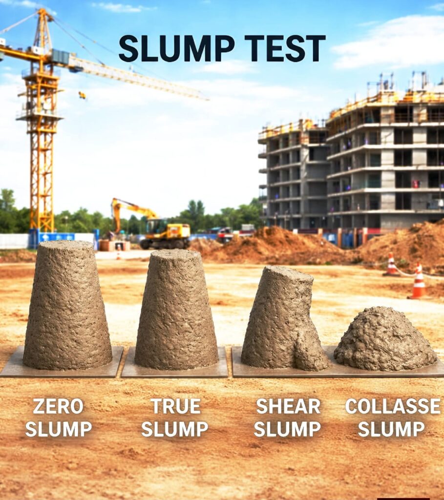 Slump test of concrete showing true slump value