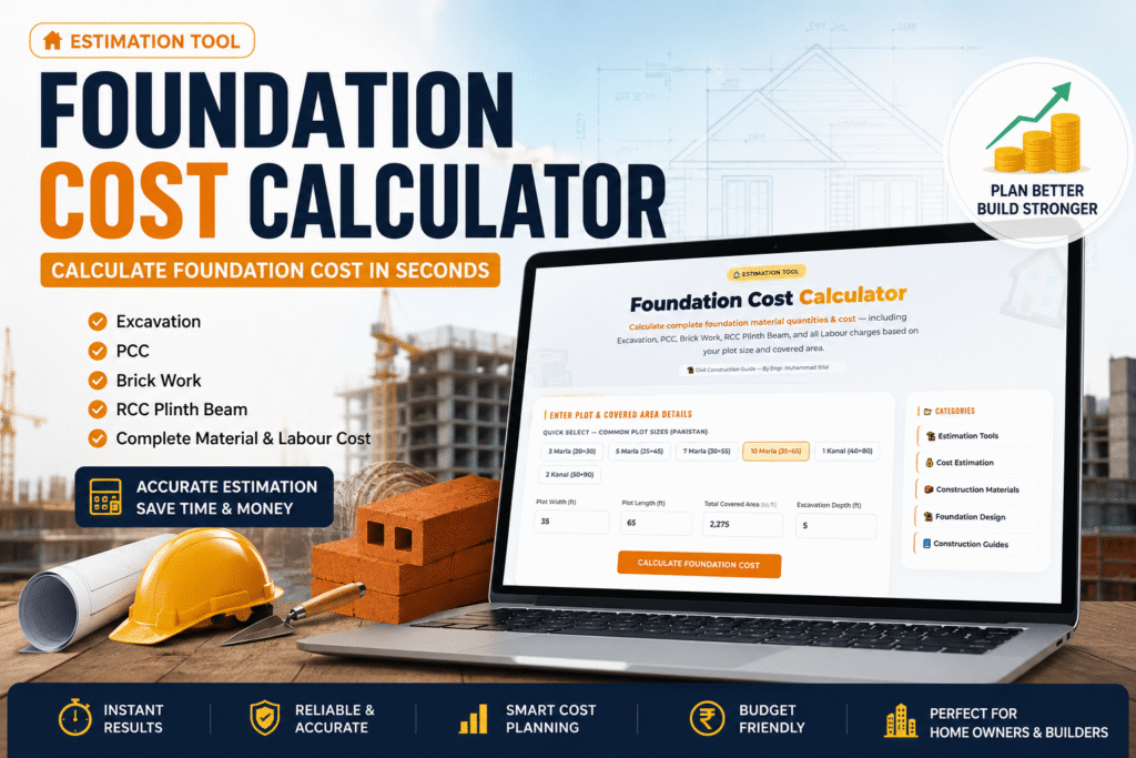 Foundation Cost Calculator Pakistan showing excavation, PCC, RCC and foundation cost estimation.