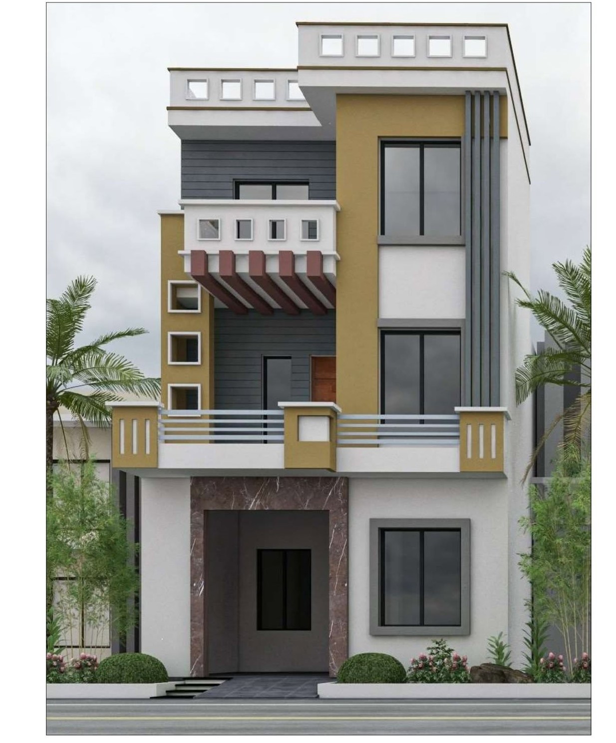 3D front elevation of 3 Marla modern house design