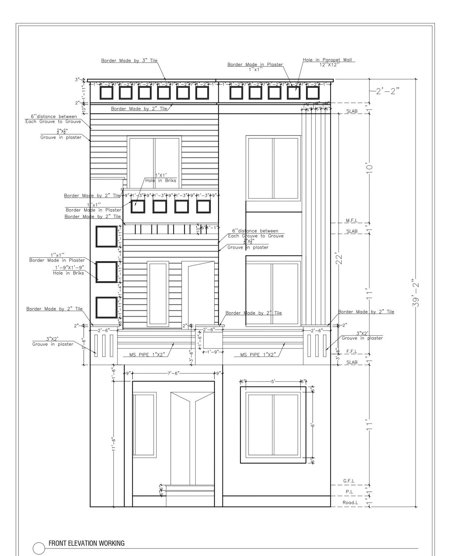 2D front elevation of 3 Marla house architectural drawing