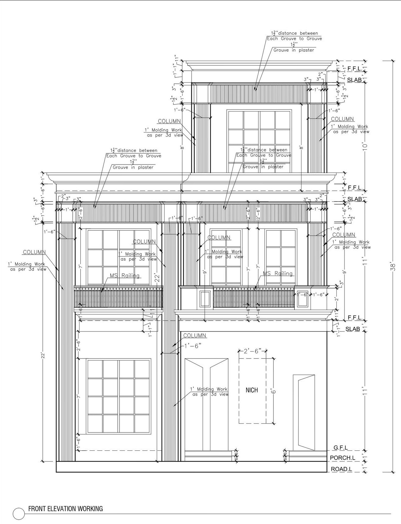 2D front elevation of 5 Marla house architectural drawing