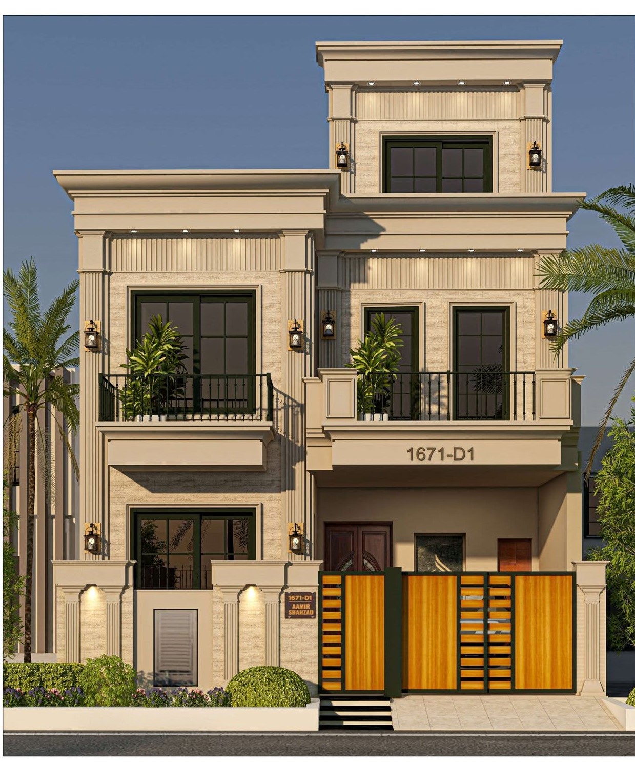 3D front elevation of 5 Marla modern house design