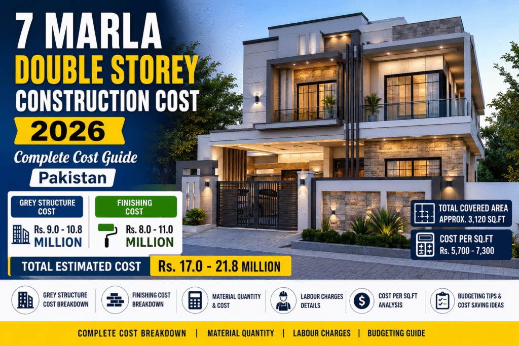 7 Marla Double Storey Construction Cost 2026 showing complete grey structure and finishing cost estimate in Pakistan.