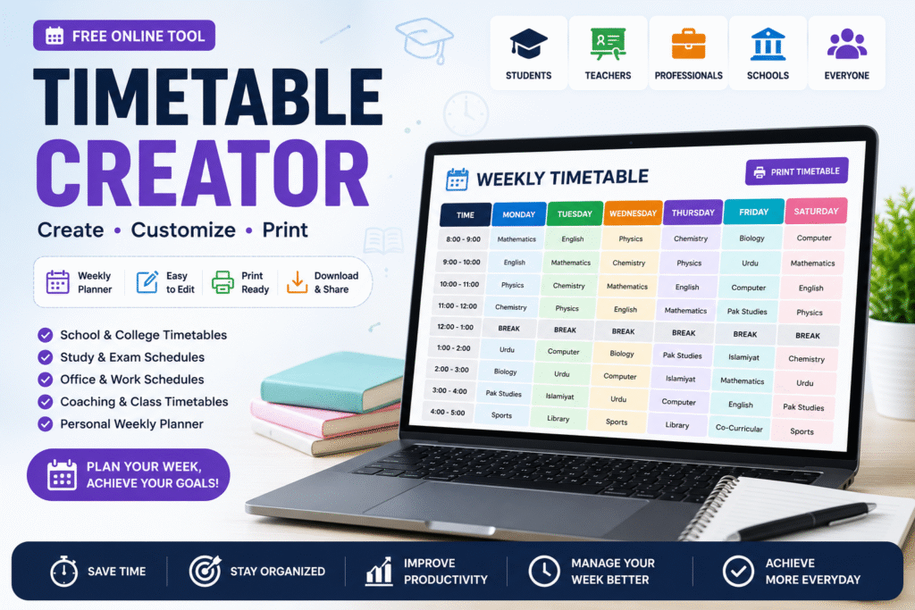 Free online timetable creator for students, teachers, offices and schools.
