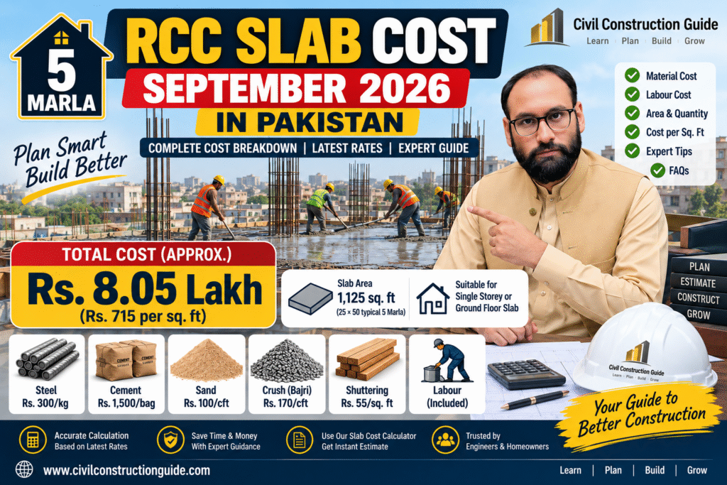 5 Marla RCC slab cost September 2026 in Pakistan – Rs 8.05 lakh estimate with material and labour rates
