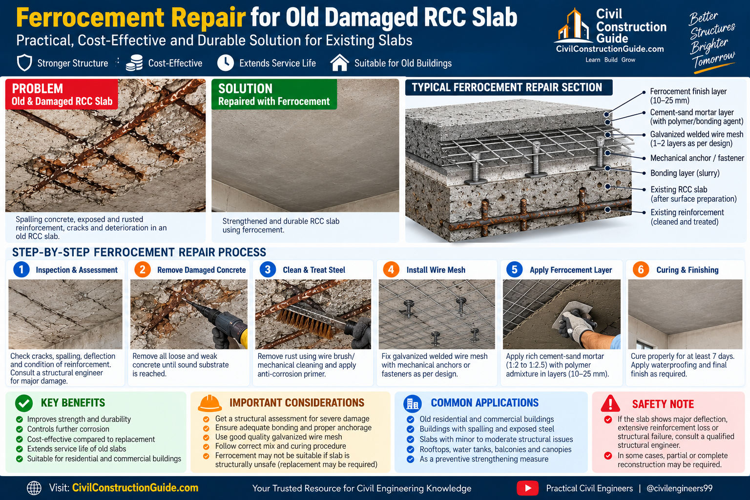 Ferrocement strengthening detail for old RCC slab showing wire mesh anchors and repair mortar