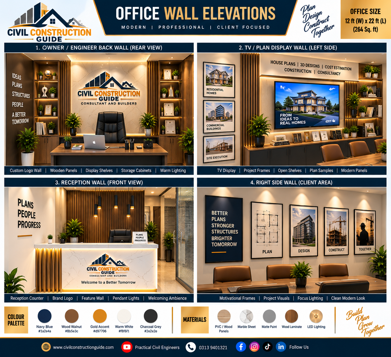 modern small office wall elevations and branding design for engineer and construction consultancy office