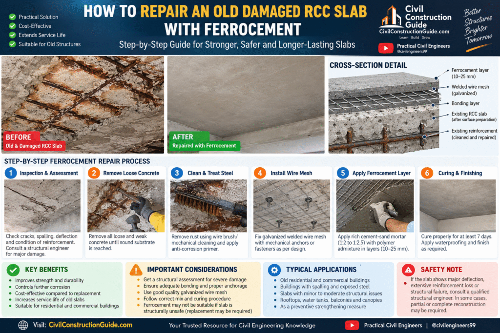 Old damaged RCC slab repair with ferrocement step-by-step guide