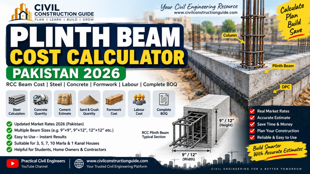 Plinth Beam Cost Calculator Pakistan 2026 showing RCC beam, steel, concrete, formwork, labour and BOQ