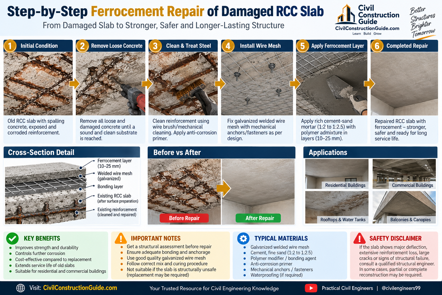 Step-by-step ferrocement repair process for damaged RCC slab including steel cleaning mesh and mortar
