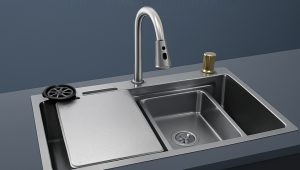Kitchen sinks are used for washing utensils and are usually made from stainless steel.